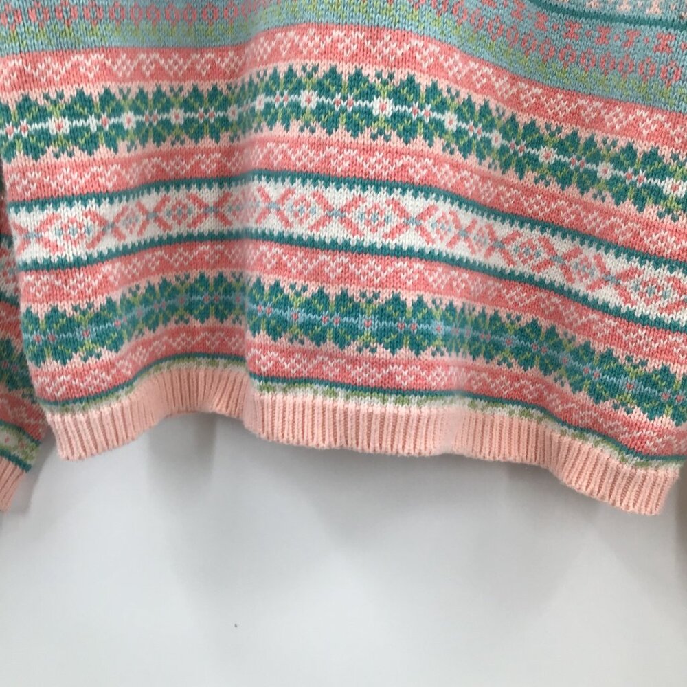 Vintage Womens 1990s Fair Isles Nordic Christmas Sweater Pink Green Cotton Soft - Picture 9 of 11